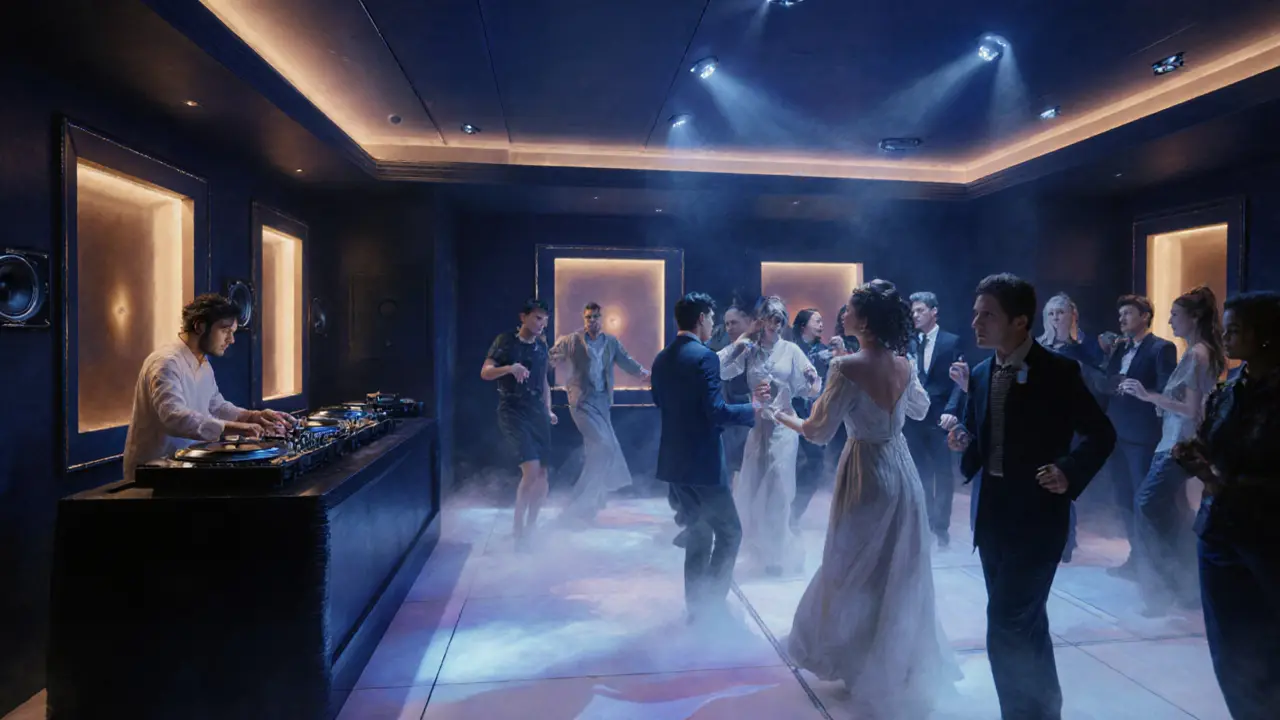 An underground club at dawn with shifting ambient light, guests dancing elegantly in fine linen, no phones or logos visible.