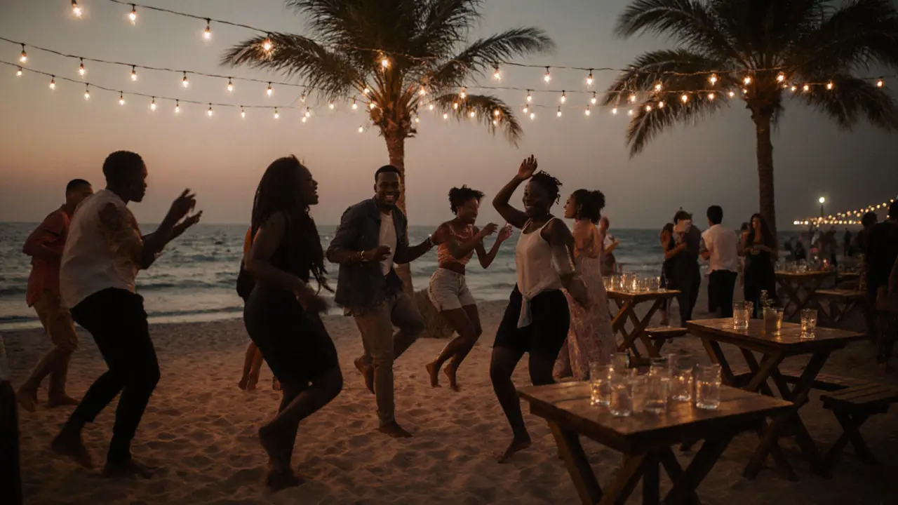 Beachside bar at night with people dancing barefoot in sand under string lights and palm trees.
