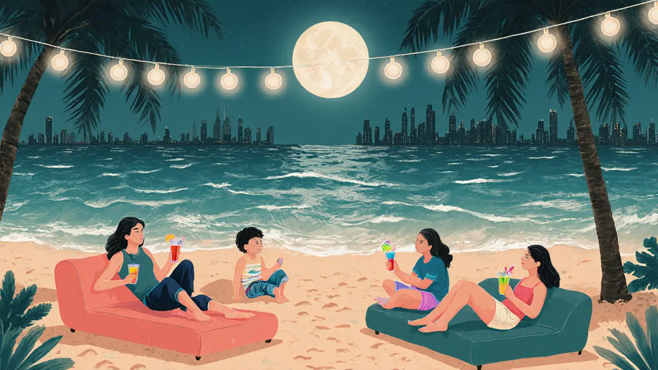 Beachside lounge at night with people relaxing under string lights and ocean waves.