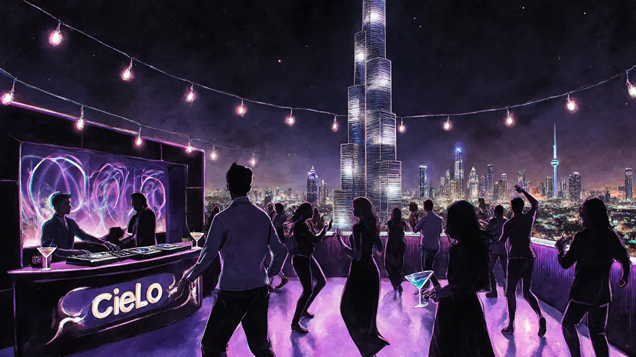 Cielo Sky Lounge rooftop party with Burj Khalifa in the background and dancers under glowing lights.