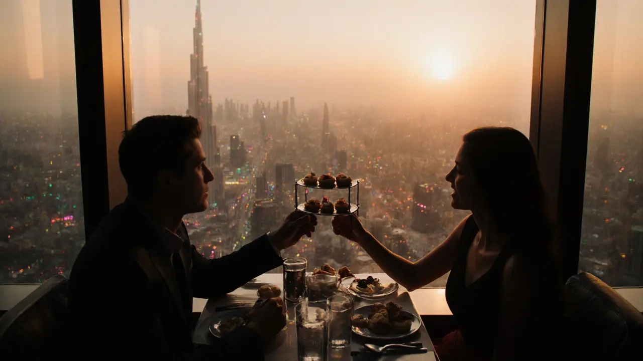 Couple enjoying dessert at a high-rise restaurant as the Dubai skyline glows at sunset.