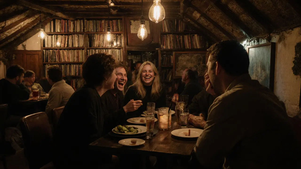 Cozy Karaköy Lokantası bar with vintage decor, patrons laughing over Turkish coffee cocktails and rakı.