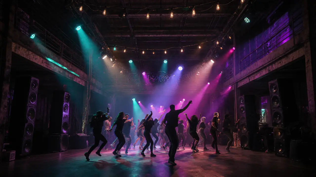 Crowd dancing in a dark industrial club with pulsing lights