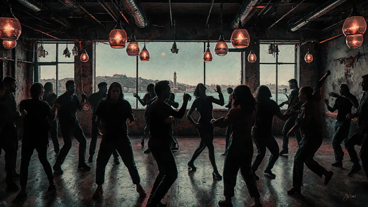 Crowd dancing in an industrial warehouse bar with deep house music and exposed brick walls.
