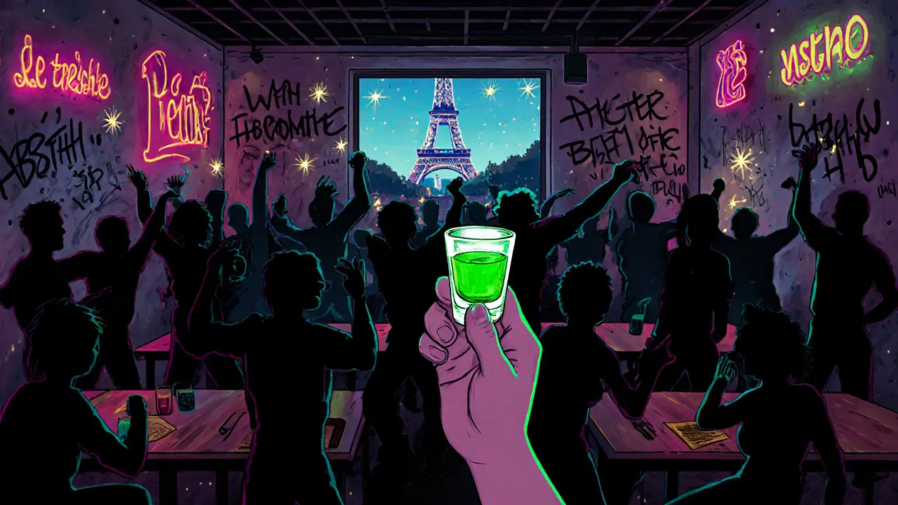 Crowded basement club with neon glow, people dancing on tables, a glowing green absinthe shot in hand.