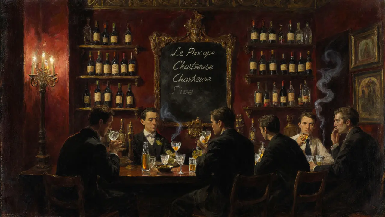 Dimly lit historic basement bar with wine bottles and candlelight, elegant guests enjoying herbal drinks.