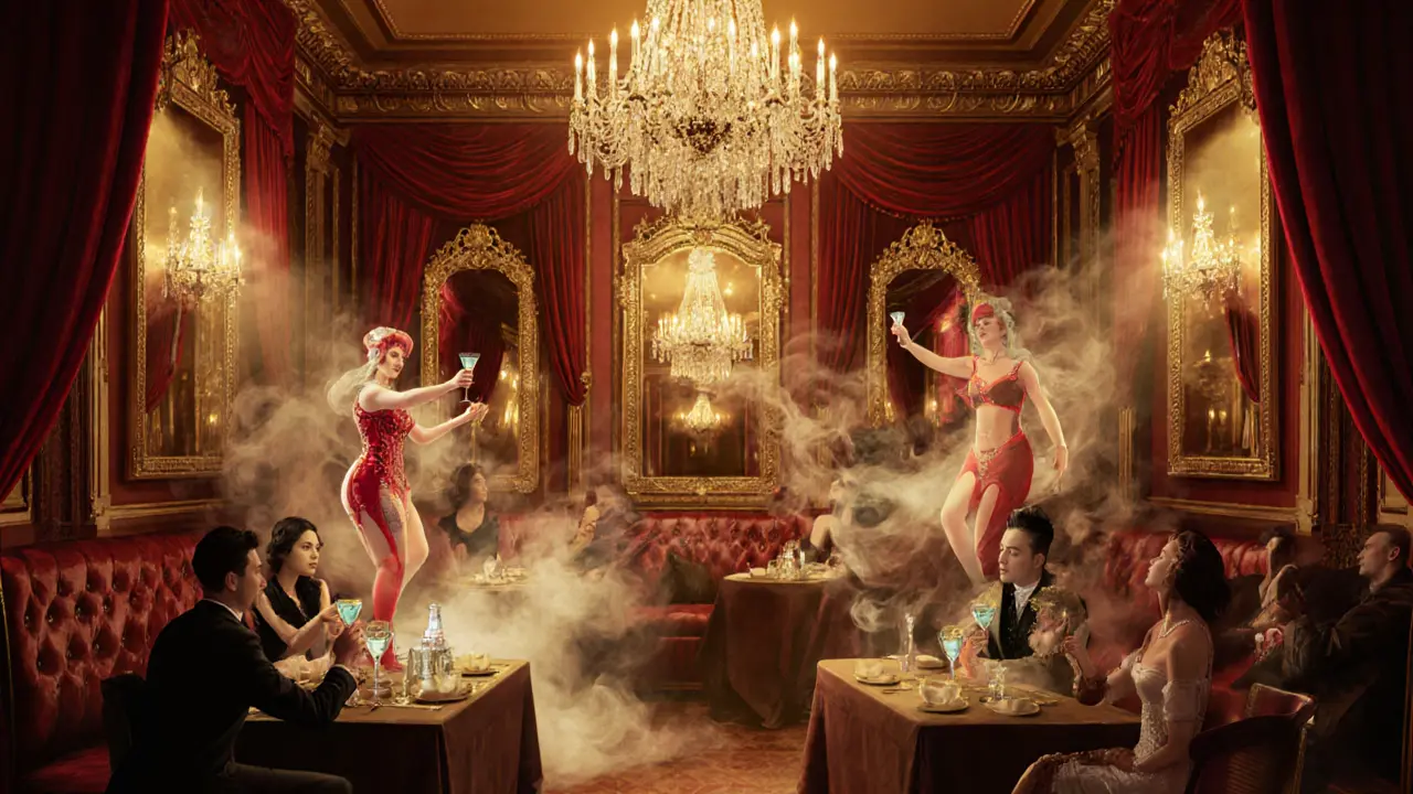 Glittering cabaret venue with drag performers and patrons in vintage attire