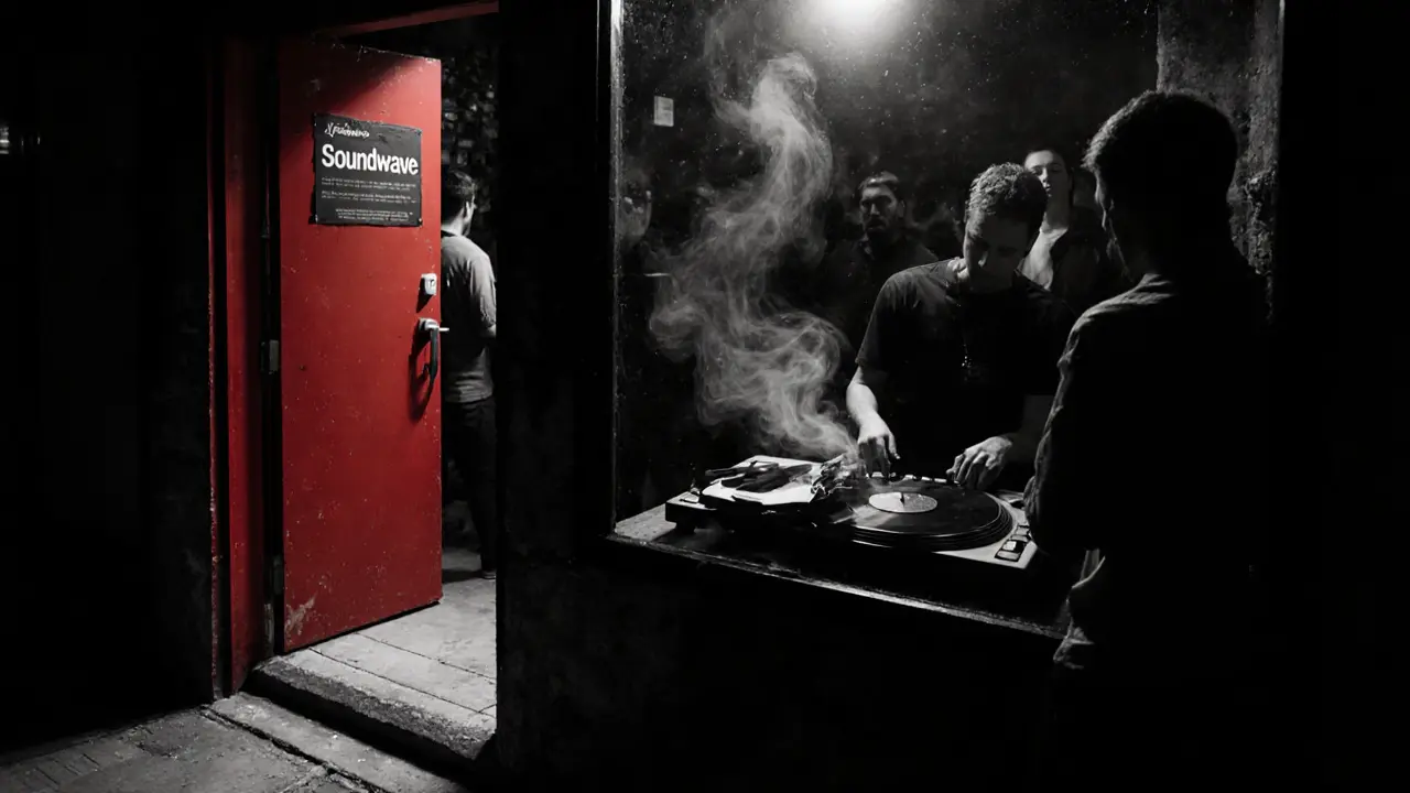 Hidden basement bar Soundwave with a red door and dim light revealing a vinyl turntable inside.