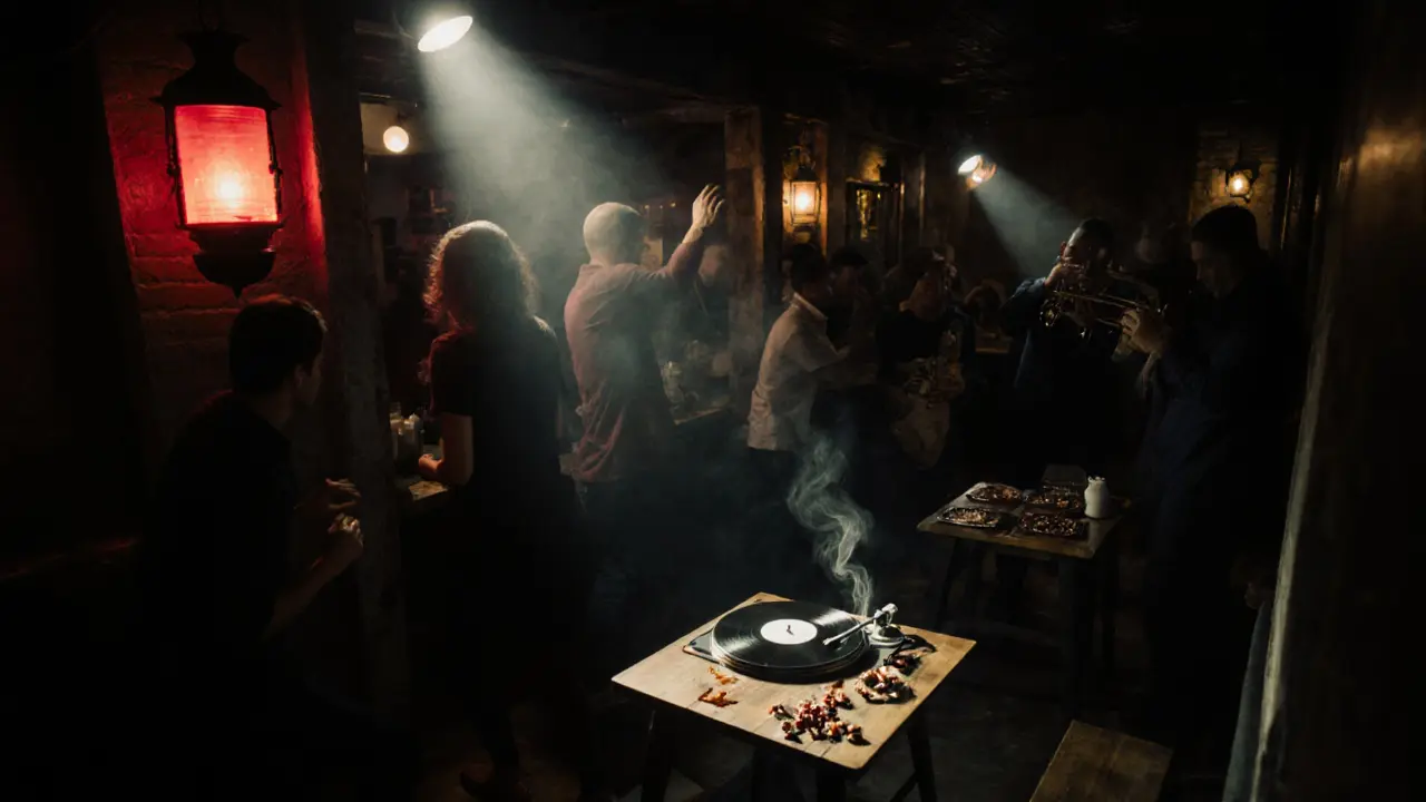 Hidden speakeasy room with vinyl DJ, locals dancing to Turkish psychedelic rock under red lantern light.