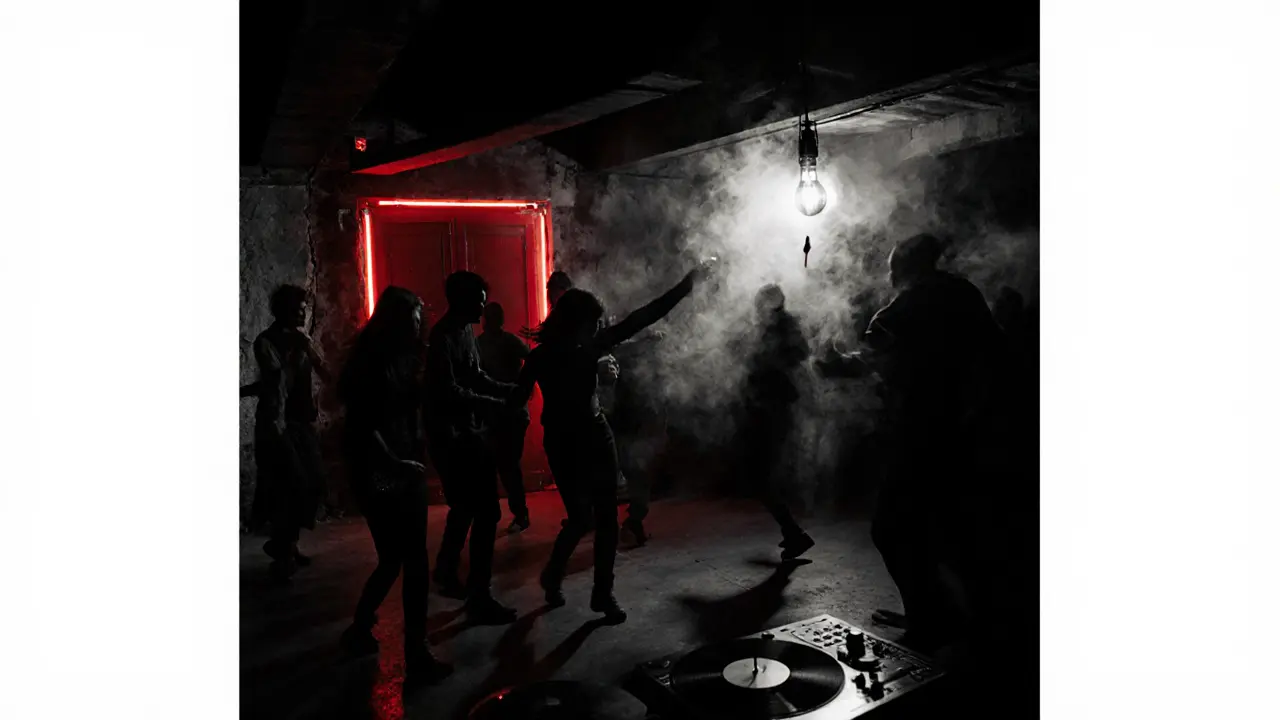 Hidden underground club with red door and dancers silhouetted under a single bulb.