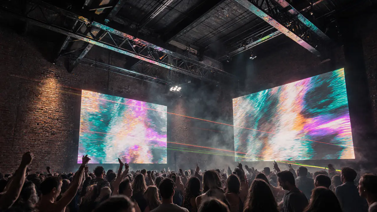 Industrial nightclub with strobe lights and lasers over brick walls and dancing crowd