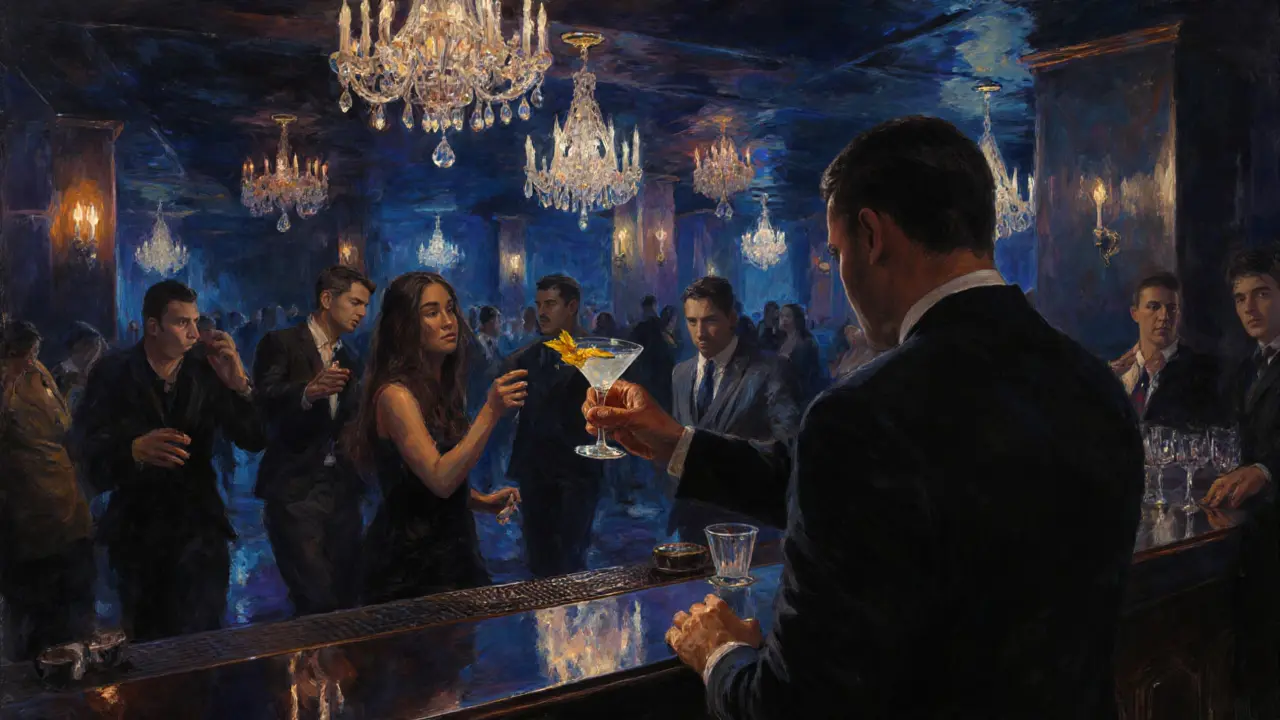 Inside Le Blue nightclub, sophisticated guests dance beneath crystal chandeliers with subtle, ambient lighting.