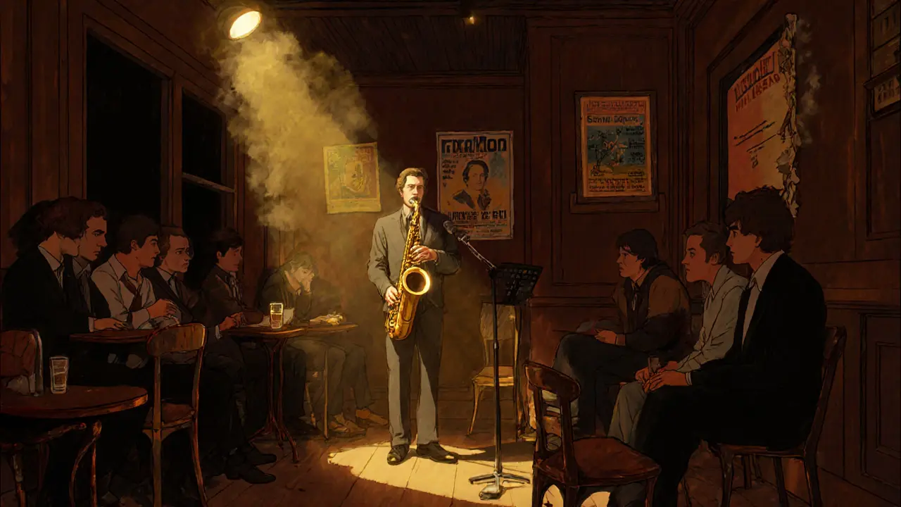 Intimate jazz club with a saxophonist playing under a spotlight, patrons leaning in, warm wood and smoky ambiance.