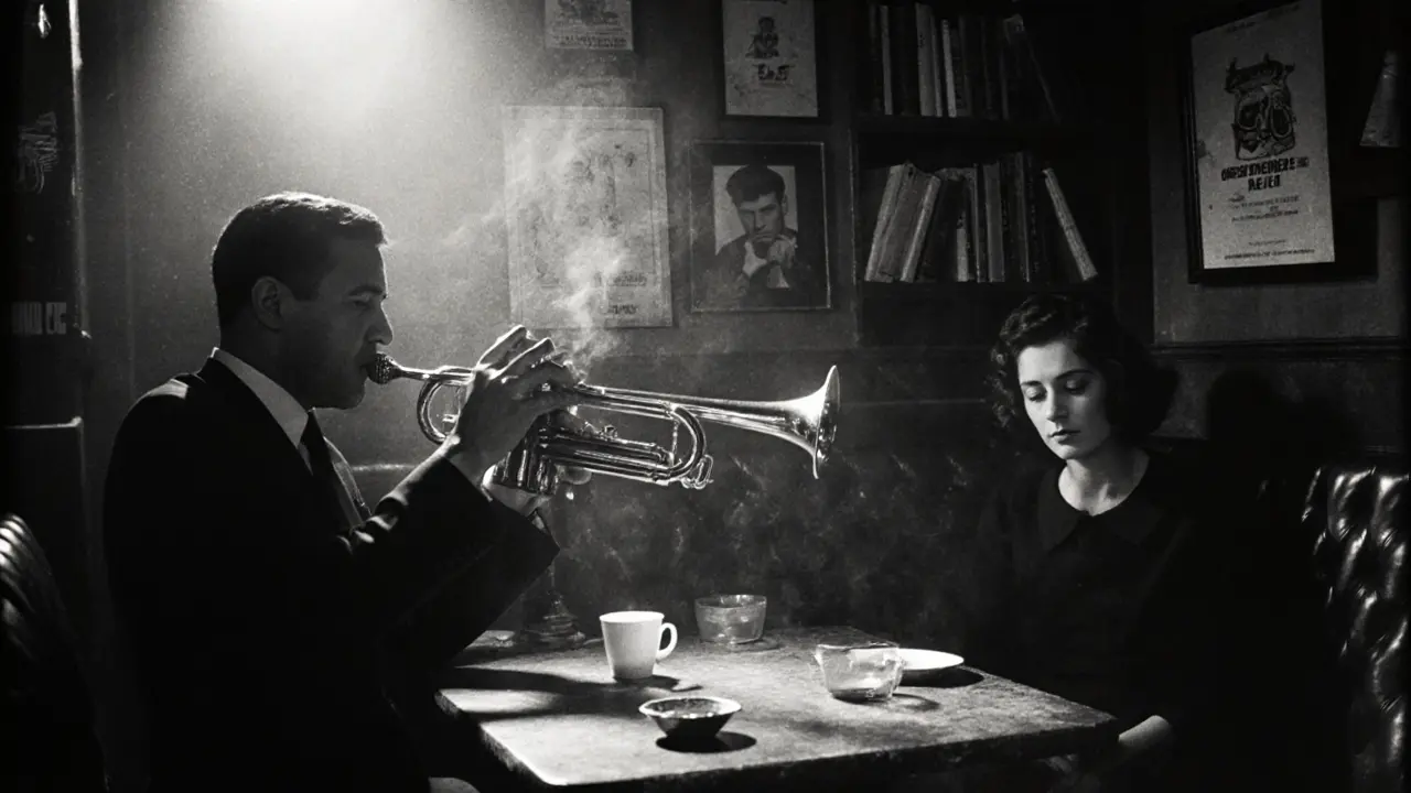 Jazz musician plays trumpet in a smoky 1950s Paris basement while intellectuals sit in quiet reflection.