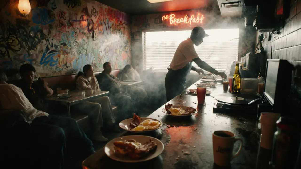 Late-night diner with food, graffiti, and tired patrons at 3 a.m.