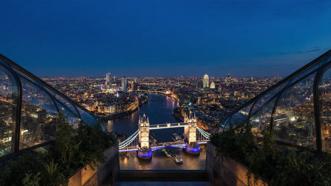 London skyline glowing at dusk from Sky Garden’s terrace with plants and glass walls