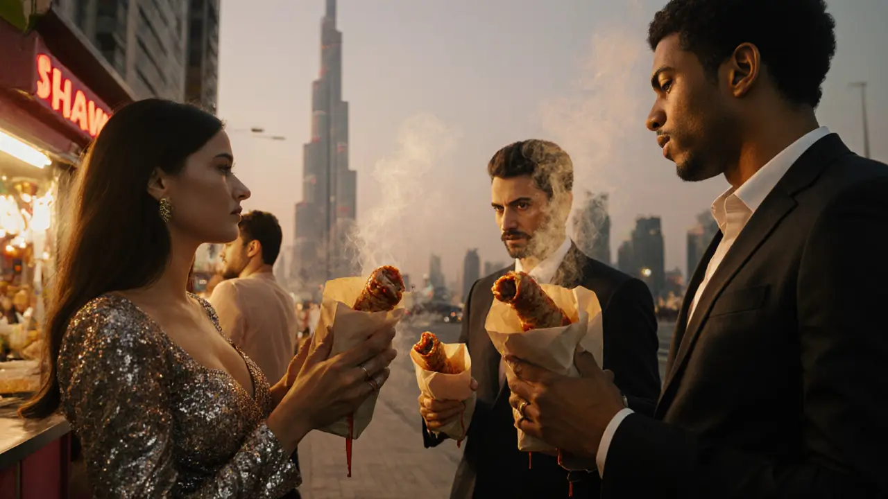 People in elegant nightwear eating shawarma from paper bags under a golden stall light, city neon fading into the misty background.