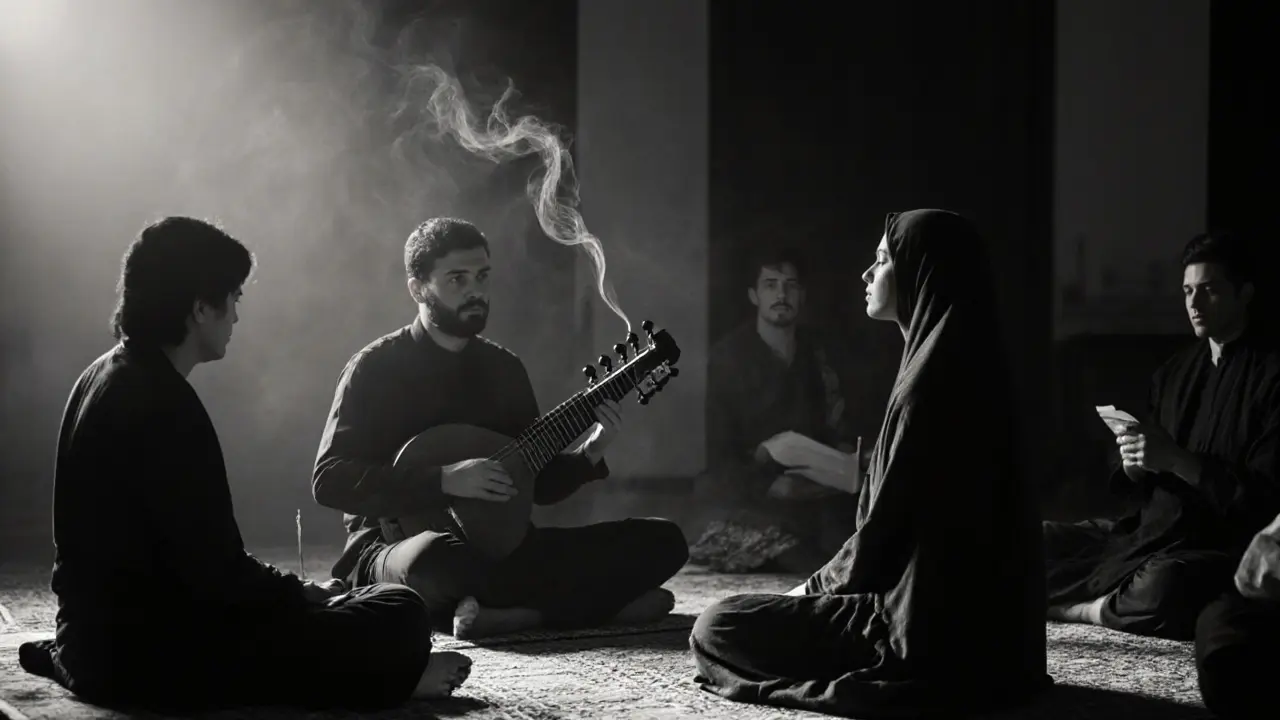 People listening in silence to an oud player at a dimly lit Arabic poetry night, surrounded by incense smoke.