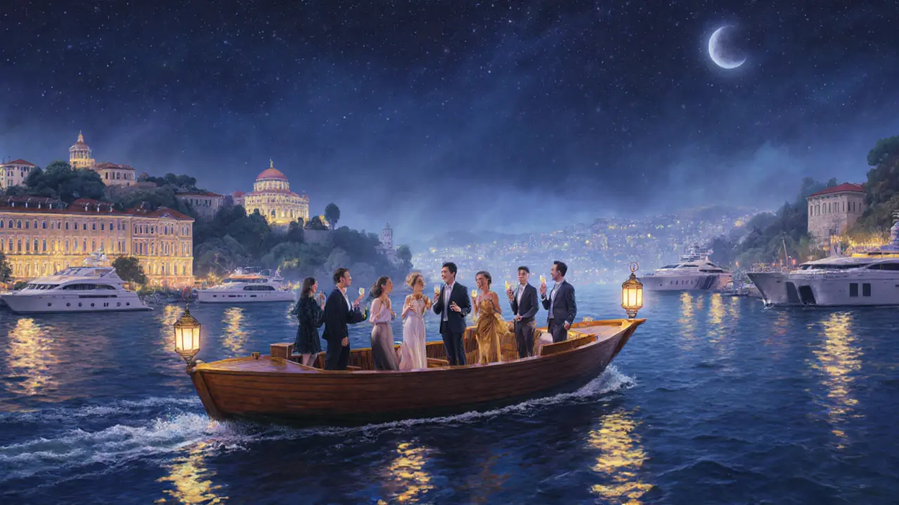 Private night cruise on the Bosphorus under starlit skies with illuminated palaces.