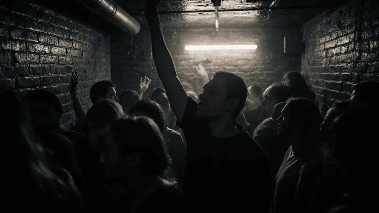 Quiet group immersed in music in a damp basement club