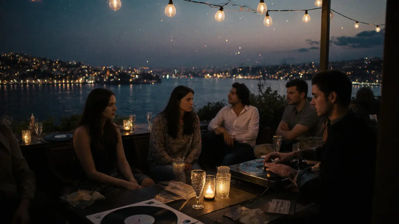 Quiet rooftop terrace at Onur with city lights and Bosphorus glow, people relaxing under warm lamps.