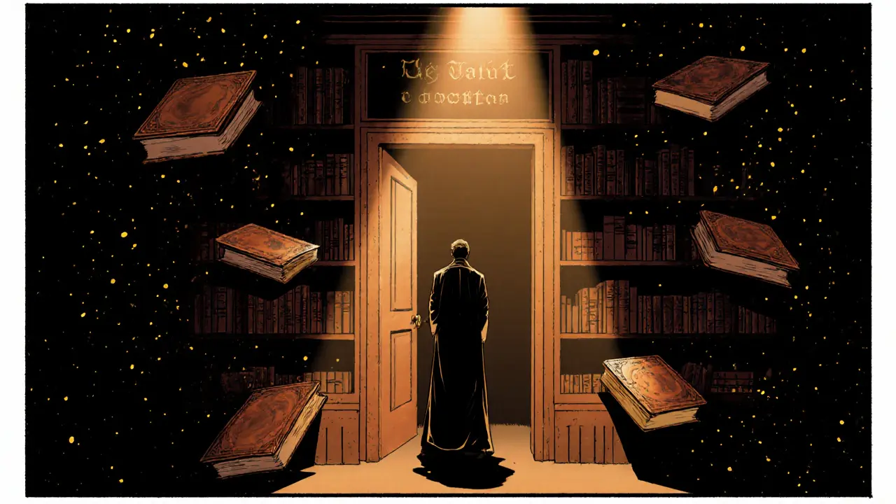 Secret speakeasy door hidden behind floating books in a dimly lit room.