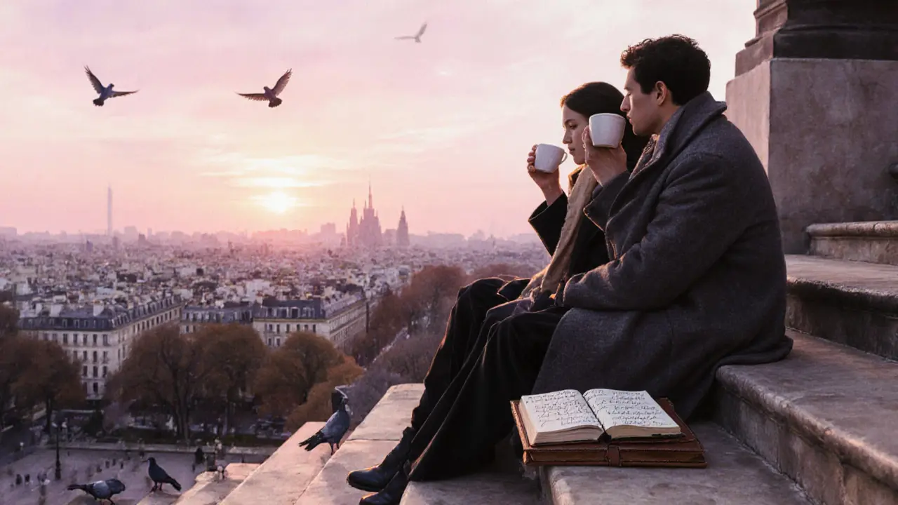 Silhouettes sit on Montmartre steps at sunrise, a journal open beside them as Paris awakens.