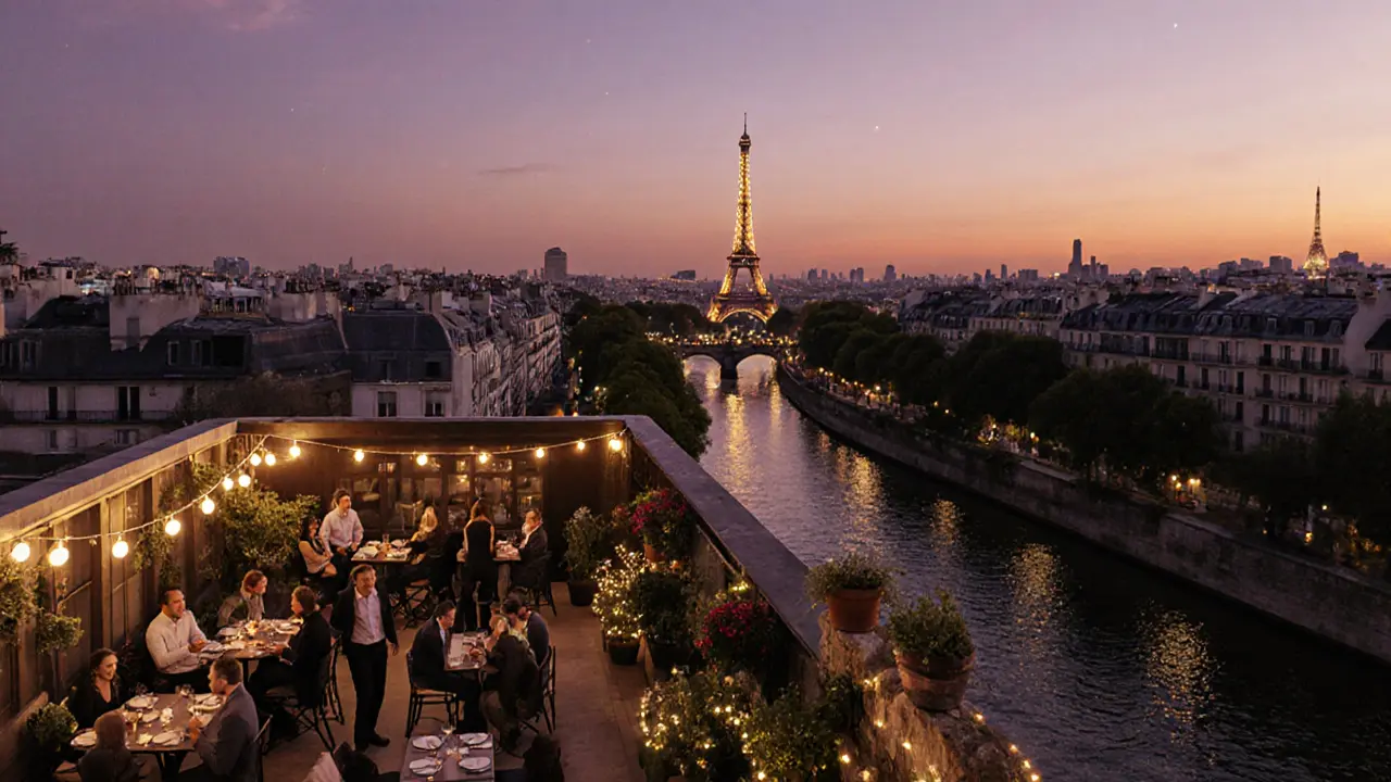 Three rooftop terraces overlooking Paris at dusk, with the Eiffel Tower sparkling in the distance.