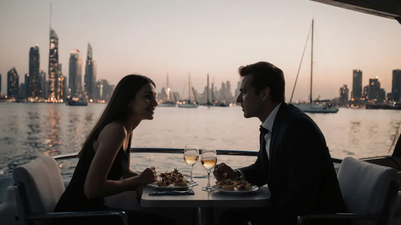 Two people dining quietly on a private yacht at twilight along the Corniche