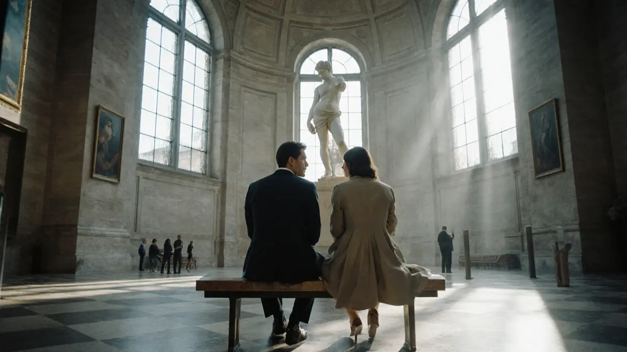 Two people sit in quiet contemplation before the Venus de Milo in the Musée d’Orsay.