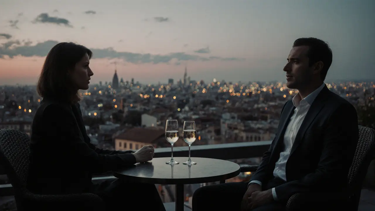 Two people sit quietly on a rooftop terrace as Milan&#039;s city lights begin to shine at night.