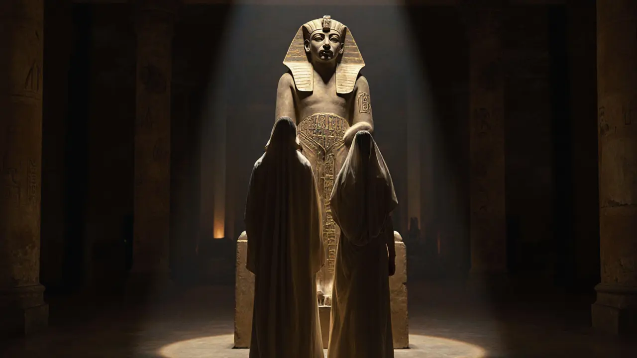 Two people stand in quiet awe before an ancient Egyptian sarcophagus in the empty Louvre.