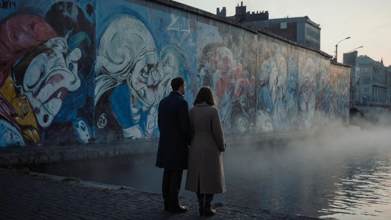 Two people stand silently before the East Side Gallery at dawn, surrounded by murals and morning mist.