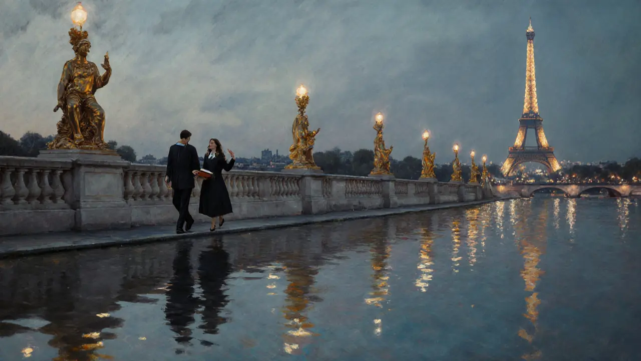 Two people walk side by side across Pont Alexandre III at dusk, their reflections glowing on the Seine.