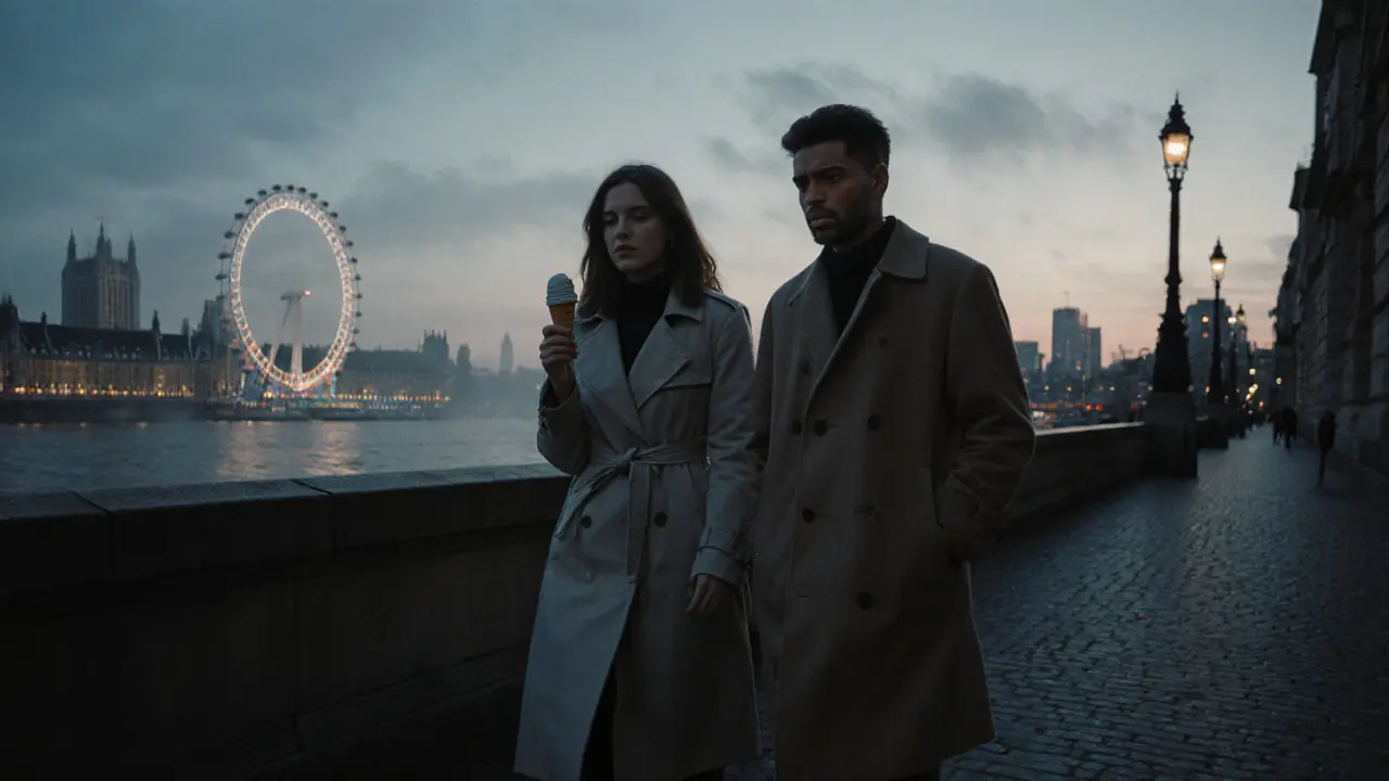 Two people walking peacefully along the Thames at twilight, sharing a moment without words.