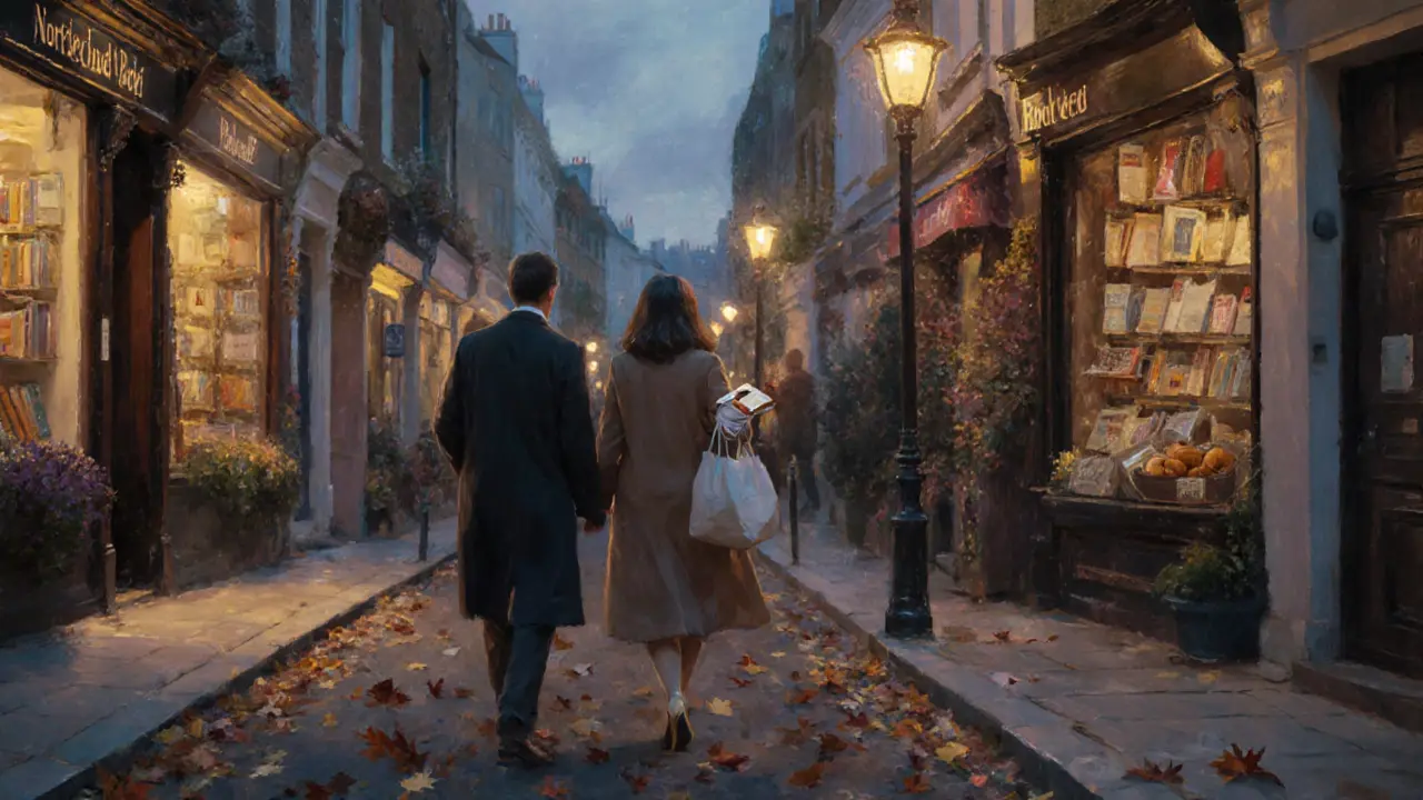 Two people walking through Notting Hill at dusk, passing bookshops and autumn leaves.