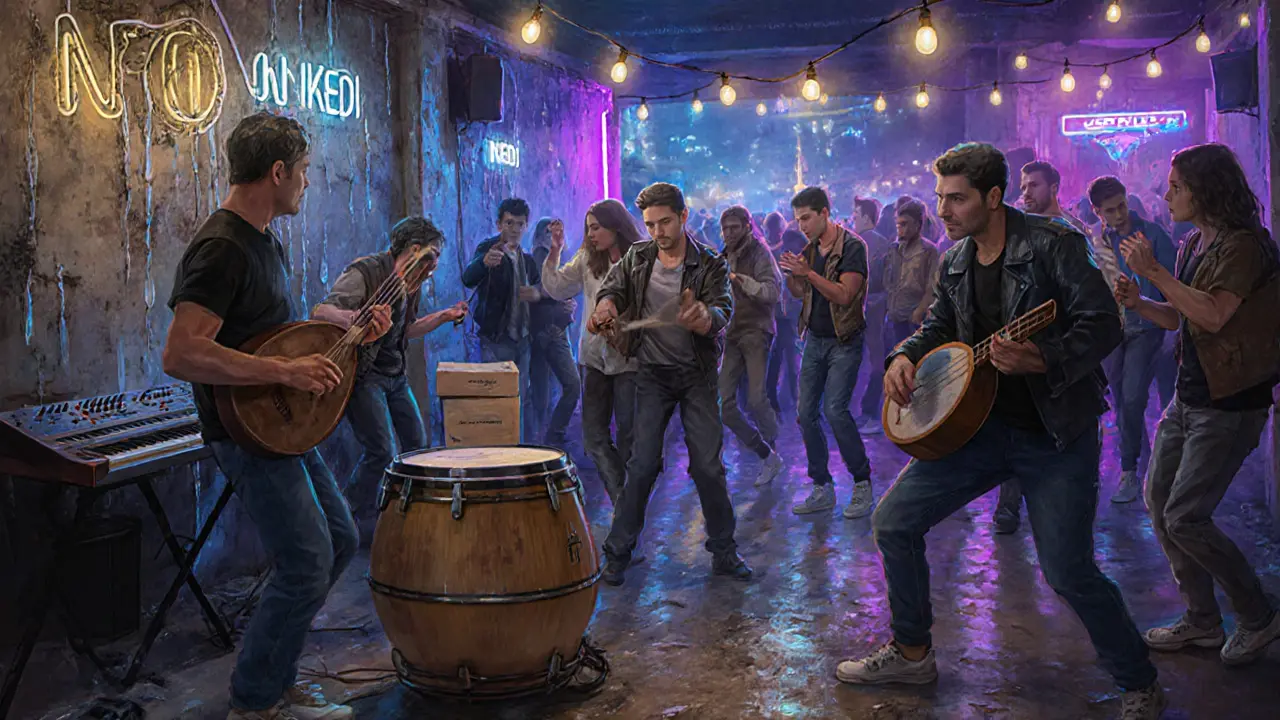 Underground club where musicians play ouds and synths amid salt-stained walls and baklava percussion.