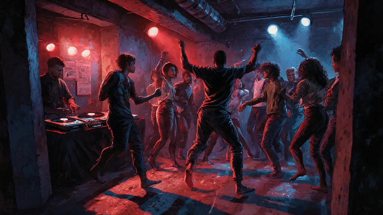 Underground club with pulsing lights and dancers in a gritty, intimate basement setting.