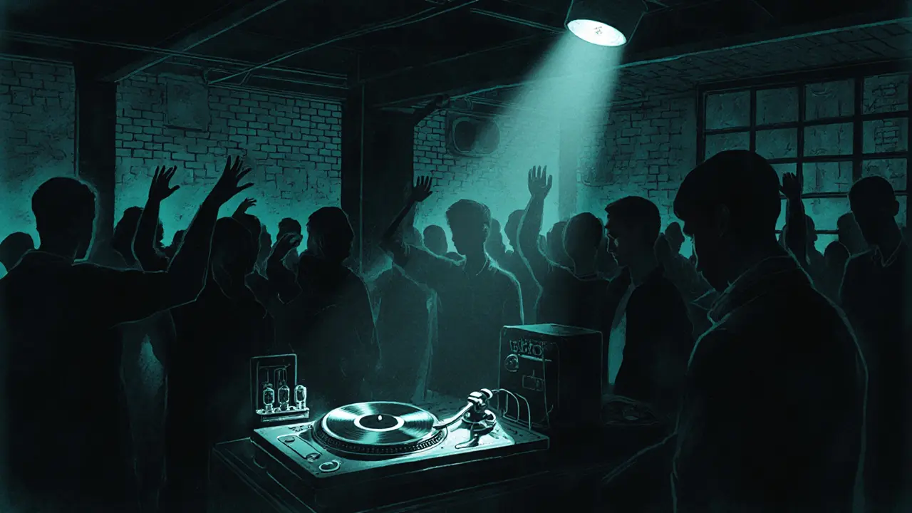 Underground electronic music venue with a DJ spinning vinyl in low light, silhouetted audience.