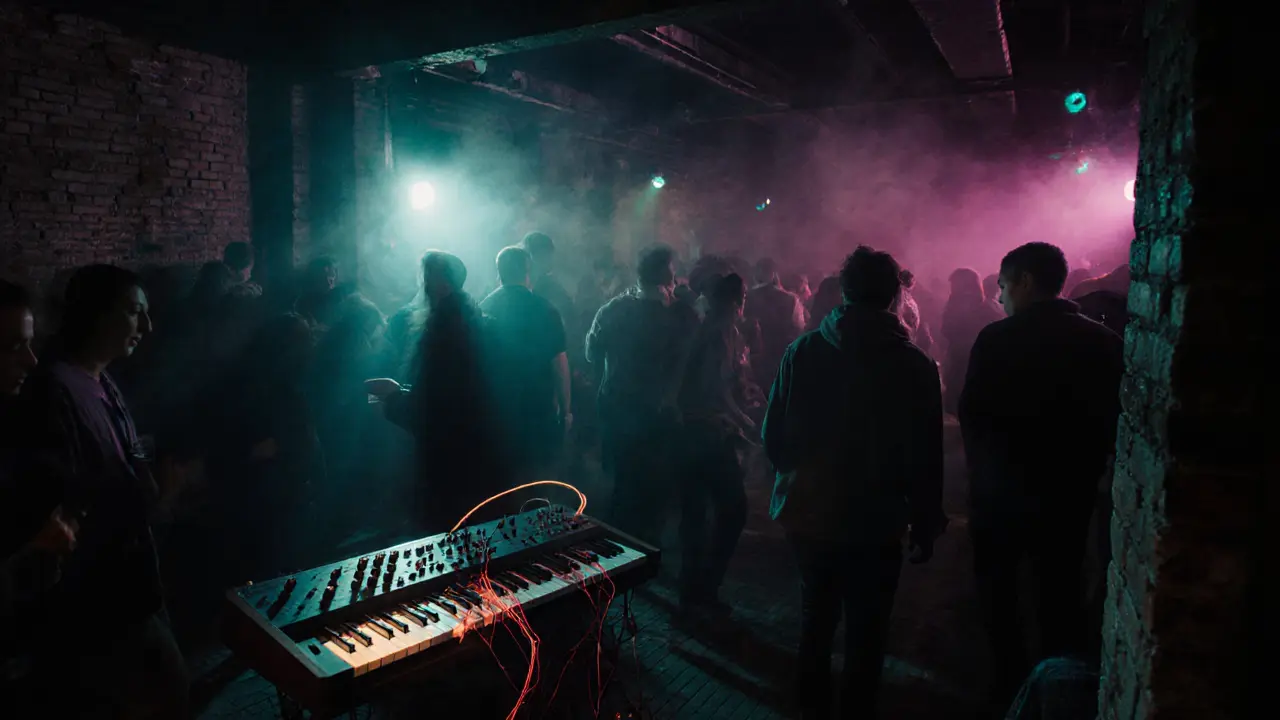 Underground electronic party in dim light, crowd moving to bass-heavy music, strobes and neon synths in smoky room.