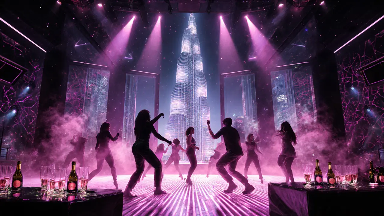 Vibrant nightclub interior with dancers under laser lights, Burj Khalifa visible through glass walls, champagne bottles and smoke filling the air.