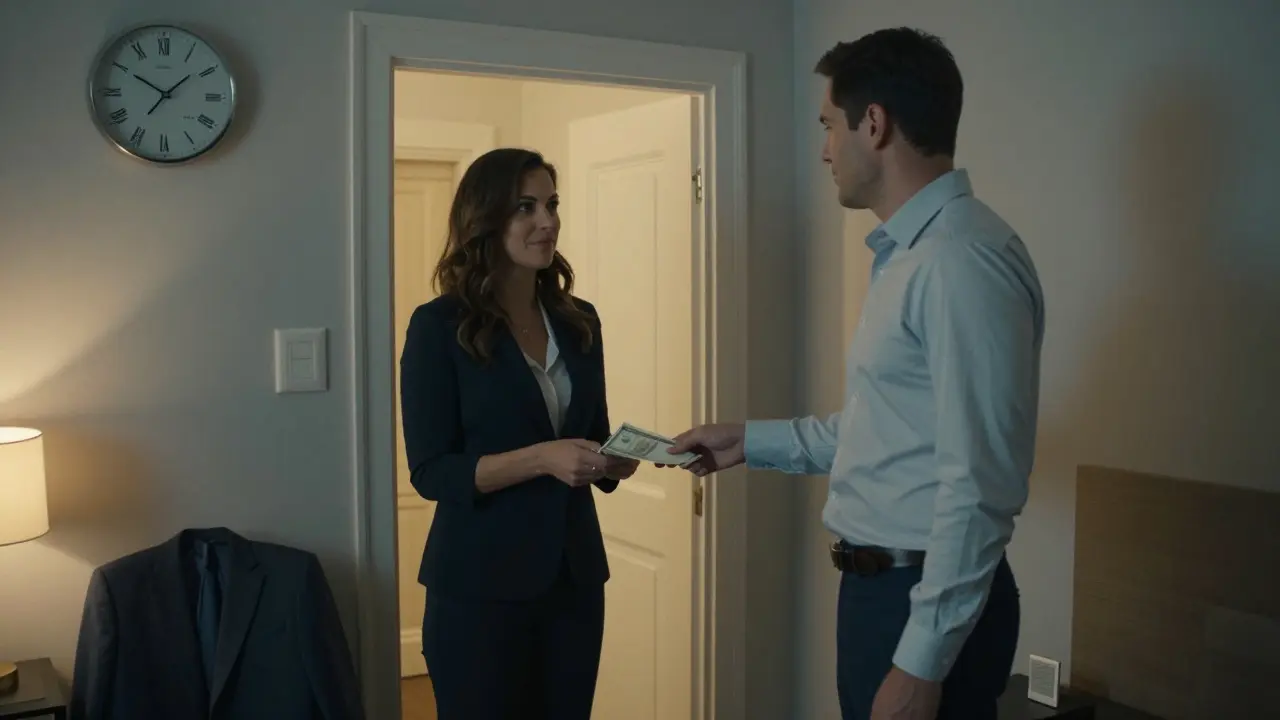 A client handing cash to an escort in a tidy Berlin hotel room.