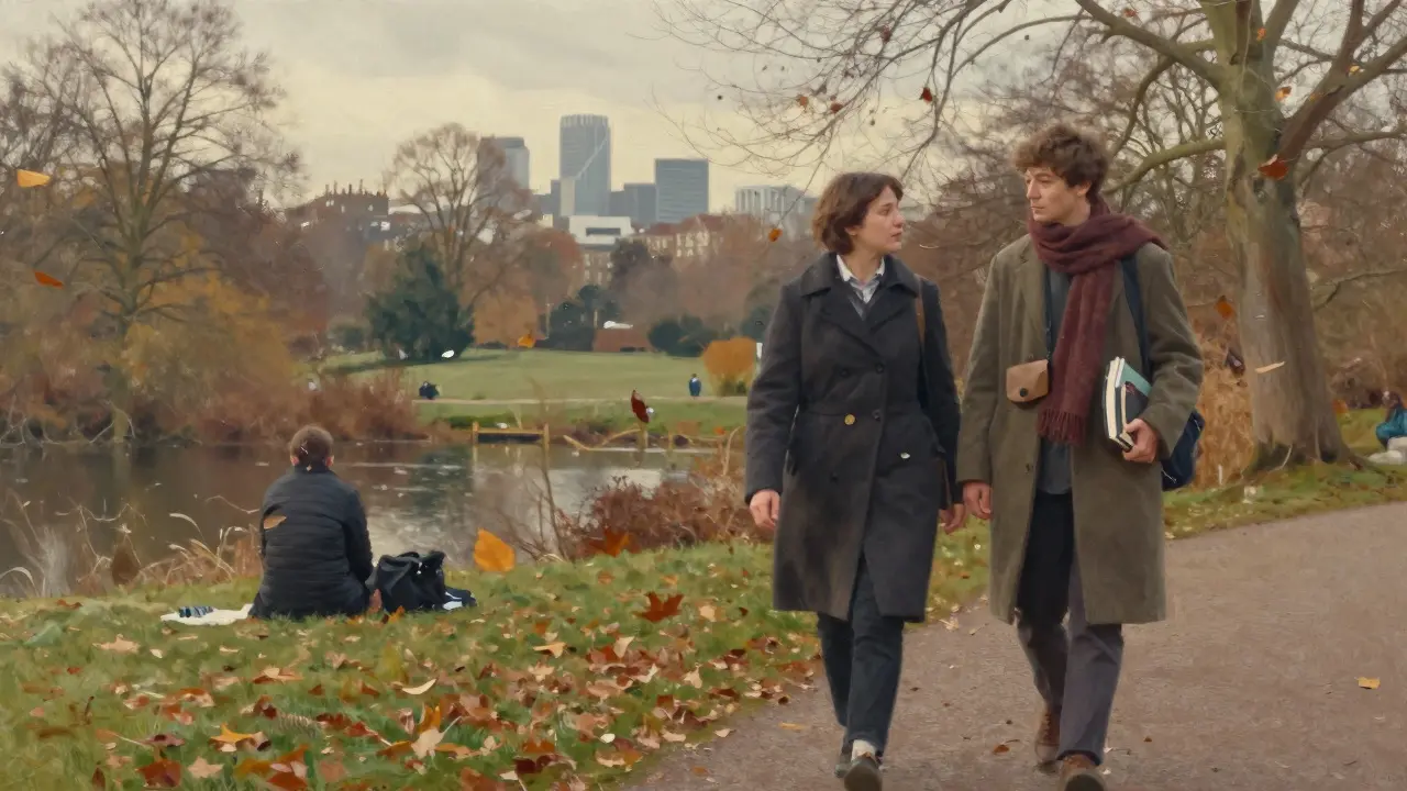 A companion and client walking peacefully along Hampstead Heath in autumn.
