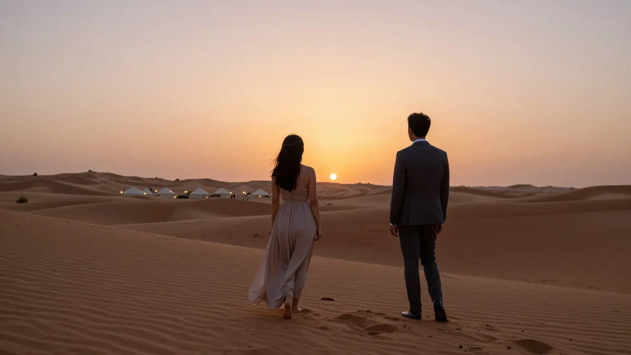 A companion and client walking silently through desert dunes at sunset, serene and respectful distance.