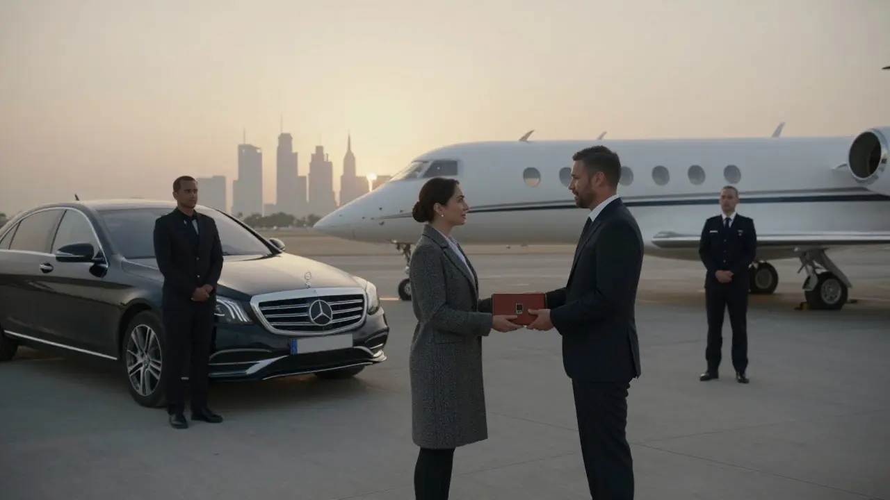 A companion handing a client a book at a private airport tarmac at dawn, with a luxury car and distant skyline.