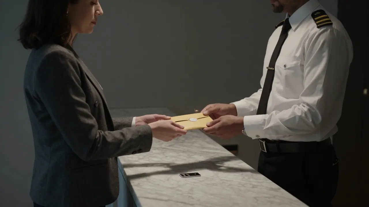 A concierge receiving a sealed envelope in a discreet Jumeirah lobby, conveying confidentiality.