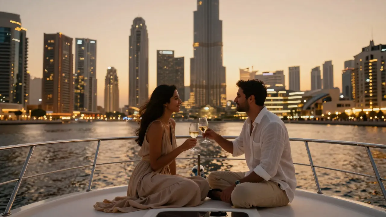 A couple on a private yacht at sunset over Dubai Marina, enjoying quiet conversation as the city lights begin to glow.