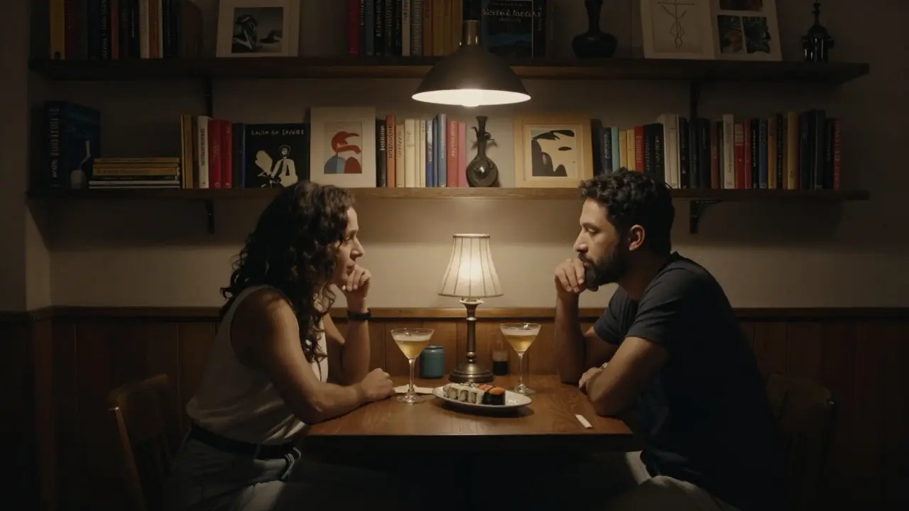 A couple sits in a hidden speakeasy behind a bookshelf in Alserkal Avenue, enjoying cocktails and conversation in dim, warm lighting.