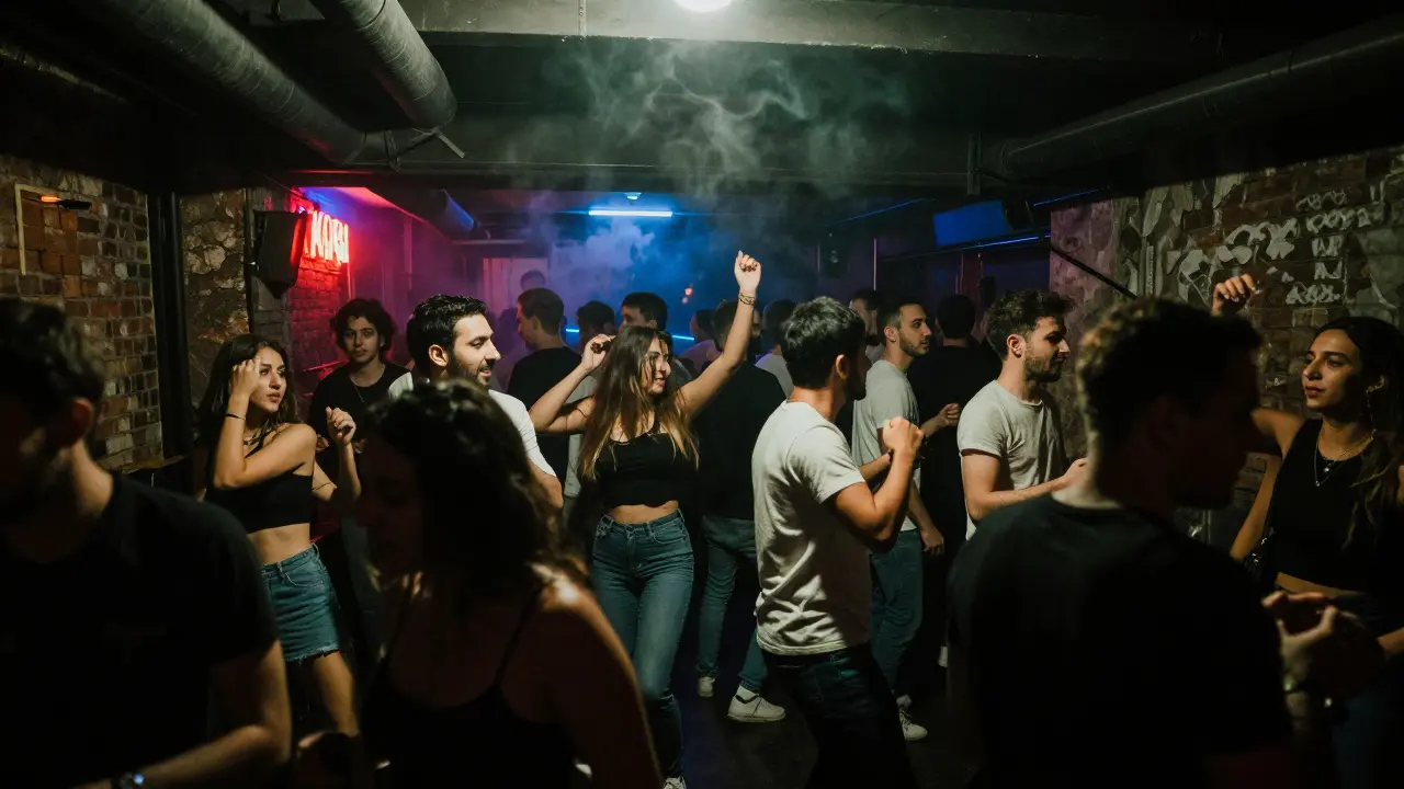 A dark, crowded basement nightclub in Galata with neon lights and dancers moving to techno beats.