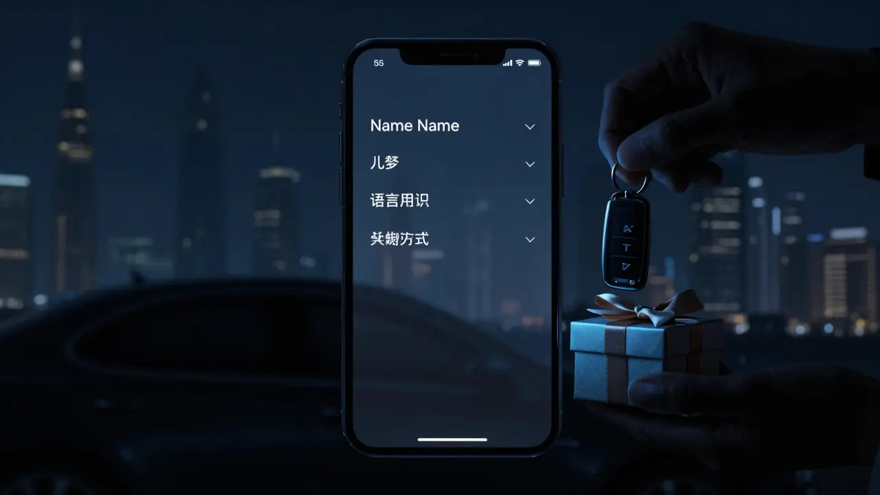 A dark smartphone screen showing a text-only companion profile, with a luxury car key and gift box in the background.